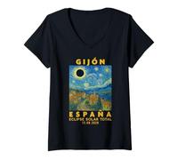 Femme Gijón, España Eclipse Solar Total 2026 T-Shirt avec Col en V