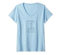 Femme Gills Rock Wisconsin Sailboat and Sun T-Shirt avec Col en V
