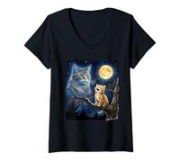 Femme Ginger Kitten Howling at The Moon Night Sky Cat Art T-Shirt avec Col en V