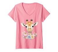 Femme Girafe Aquarelle Fleurs Vintage Safari Jeunesse T-Shirt avec Col en V