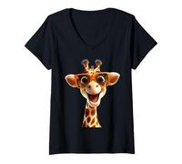 Femme Girafe avec Lunettes de Soleil Afrique Safari Douce Girafes T-Shirt avec Col en V