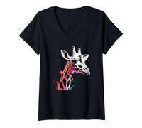 Femme Girafe colorée Afrique Zoo Animaux sauvages Gardiens du zoo Girafes T-Shirt avec Col en V