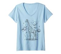 Femme Girafe Cosmique explorant Les planètes et Les étoiles Univers T-Shirt avec Col en V