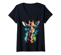 Femme Girafe Lunettes De Soleil Coloré Drôles Animaux Imprimé T-Shirt avec Col en V