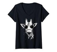 Femme Girafe Portant des Nuances Splash Art Grunge T-Shirt avec Col en V