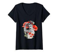 Femme Girl Power Coquelicot Fleur de rosie la riveteuse Papaver T-Shirt avec Col en V