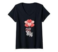 Femme Girl Valentines Day Heart Balloons Miniature Schnauzer Lover T-Shirt avec Col en V