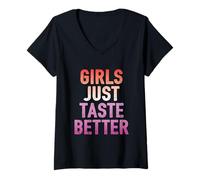 Femme Girls Just Taste Better - Drapeau Amusant de la fierté Lesbienne aux Couleurs T-Shirt avec Col en V