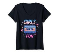 Femme Girls Just Wanna Have Fun Illustration graphique rétro années 80 T-Shirt avec Col en V