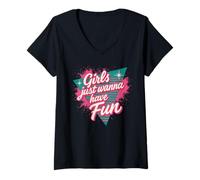 Femme Girls Just Wanna Have Fun Retro 80s Nostalgie Night Out T-Shirt avec Col en V