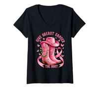 Femme Give Breast Cancer The Boot Cowgirl Cancer Awareness Ribbon T-Shirt avec Col en V