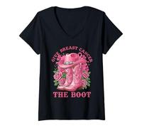 Femme Give Breast Cancer The Boot Cowgirl Cancer Awareness Ribbon T-Shirt avec Col en V