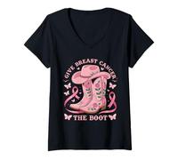 Femme Give Breast Cancer The Boot Cowgirl Cancer Awareness Ribbon T-Shirt avec Col en V