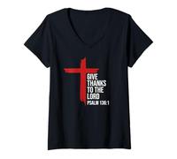 Femme Give Thanks to The Lord Bible Verse Christian Psalm 136:1 T-Shirt avec Col en V