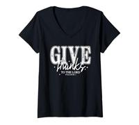 Femme Give Thanks to The Lord Christian Shirt Psaume 136:1 Bible T-Shirt avec Col en V