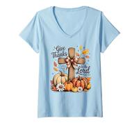 Femme Give Thanks to The Lord Cross Pumpkin Autumn Psaum 136:1 T-Shirt avec Col en V