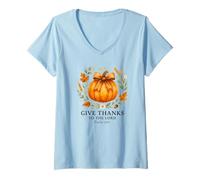 Femme Give Thanks to The Lord Psalm 136:1 Pumpkin Wreath T-Shirt avec Col en V