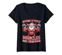 Femme Giving Myself Muscles for Christmas Santa Noël Musclé T-Shirt avec Col en V