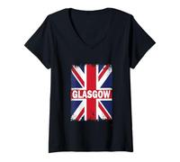 Femme Glasgow - Drapeau Anglais Vintage Union Jack T-Shirt avec Col en V