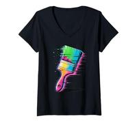 Femme Glitch Art Pinceau Peintre T-Shirt avec Col en V