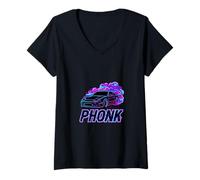 Femme Glitch Art rétro des années 90 de Phonk Music Drift Car T-Shirt avec Col en V