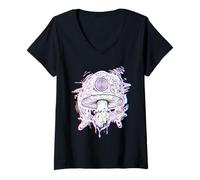 Femme Glitch Champignon Trippy Techno Rave Party Psychédélique T-Shirt avec Col en V