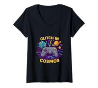 Femme Glitch dans Cosmos Gaming Control T-Shirt avec Col en V
