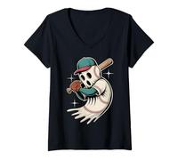 Femme Glow Swing Baseball Fantôme Halloween Sports Design T-Shirt avec Col en V
