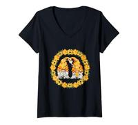 Femme Gnomes Show Heart and Love for Honey Bees Floral Sunflower T-Shirt avec Col en V