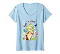 Femme Go Away Frog Hat Cat with Butterflies Vintage T-Shirt avec Col en V