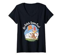 Femme Go Fetch Some Fun Cartoon Dog and Perroquet Flying a Kite T-Shirt avec Col en V