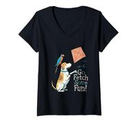 Femme Go Fetch Some Fun Cartoon Dog and Perroquet Flying a Kite T-Shirt avec Col en V
