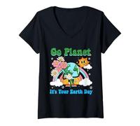 Femme Go Planet, C'est Votre Jour de la Terre 2026 Groovy Teacher T-Shirt avec Col en V