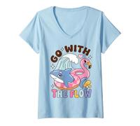 Femme Go with The Flow Shark Pool Day Saying T-Shirt avec Col en V