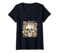 Femme Goblincore Aesthetic Vintage Botanical Mushrooms Skull T-Shirt avec Col en V