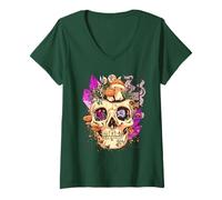 Femme Goblincore Aesthetic. Vintage Moon Crystals and Forest Skull T-Shirt avec Col en V