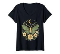 Femme Goblincore Moth and Butterfly Moonphases Fleurs Cottagecore T-Shirt avec Col en V