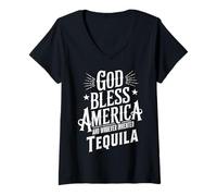 Femme God Bless America and Tequila Funny Drinking Meme Citations T-Shirt avec Col en V