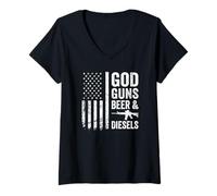 Femme GOD GUNS BEER & DIESELS - Mécanicien de camion diesel drapeau des États-Unis T-Shirt avec Col en V