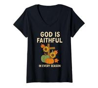 Femme God is Faithful Fall Verse de la Bible chrétienne Citrouille Automne T-Shirt avec Col en V