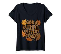 Femme God is Faithful Verse de la Bible Chrétienne Feuilles d'automne Foi T-Shirt avec Col en V