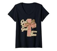 Femme God is Good All The Time Croix chrétienne avec nœud léopard T-Shirt avec Col en V