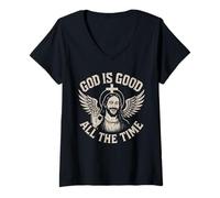 Femme God is Good All The Time - Vintage Jésus Christian Faith T-Shirt avec Col en V