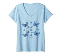 Femme God is Love Butterfly Verse de la Bible chrétienne 1 Jean 4:7-21 T-Shirt avec Col en V