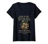 Femme God is My Refuge and My Fortress Psaume 91 Under His Wings T-Shirt avec Col en V
