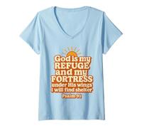 Femme God is My Refuge and My Fortress Under His Wings Psaume 91 T-Shirt avec Col en V