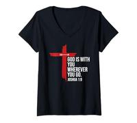 Femme God is with You Wherever You Go Christian Cross Joshua 1:9 T-Shirt avec Col en V