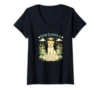 Femme God Loves a Terrier Chien Ange Floral T-Shirt avec Col en V
