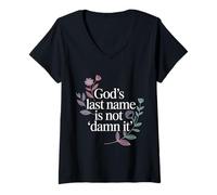 Femme God's Last Name is Not Damn It Church Sarcasm Jokes - T-Shirt avec Col en V