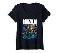 Femme Godzilla Comic Style Ocean Attack with Logo Kaiju Movie T-Shirt avec Col en V